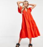 Vero Moda Petite Frill Detail Tiered Midi Dress In Bright Red