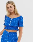Miss Selfridge Bardot Top With Buttons In Polka Dot - Blue
