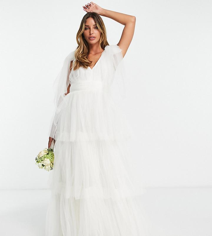 Lace & Beads Bridal Tulle Ruched Waist Maxi Dress In Ivory-white