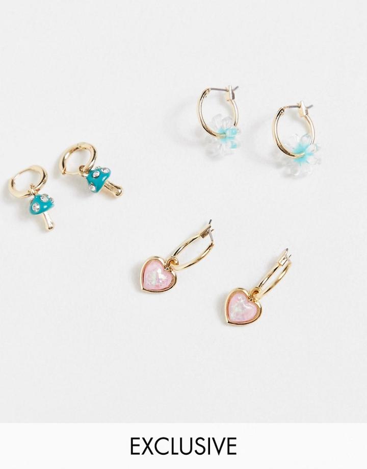Reclaimed Vintage Inspired Hoop Earrings With Fun Mushroom And Heart Charms 3 Pack-multi