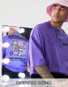 Asos Design Oversized T-shirt In Purple With Floral Skate Chest & Back Puff Print