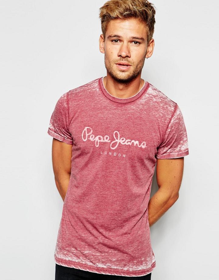 Pepe Jeans Mated Burned Out Red Logo T-shirt - Red