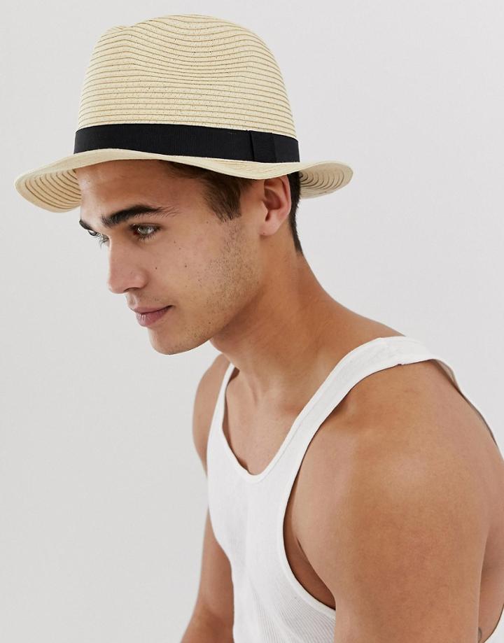 Asos Design Straw Fedora Hat In Beige - Beige