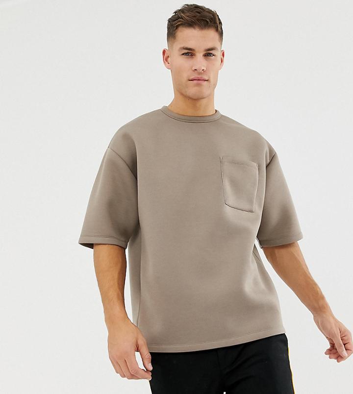 Asos Design Oversized T-shirt With Half Sleeve In Scuba Fabric With Pocket In Beige - Brown