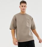 Asos Design Oversized T-shirt With Half Sleeve In Scuba Fabric With Pocket In Beige - Brown