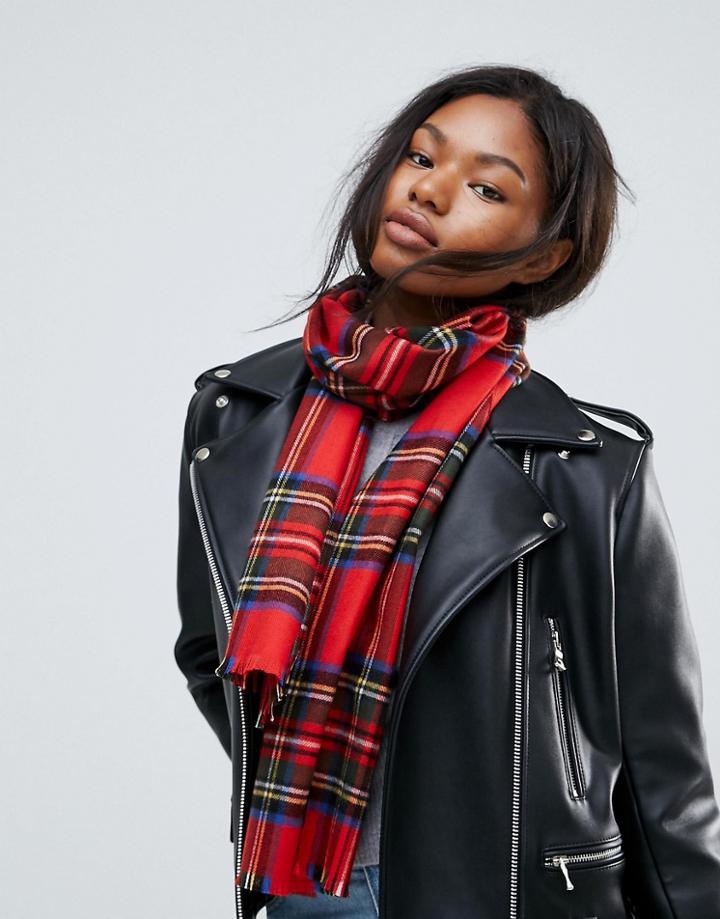 Johnstons Of Elgin Merino Classic Check Scarf In Red - Red