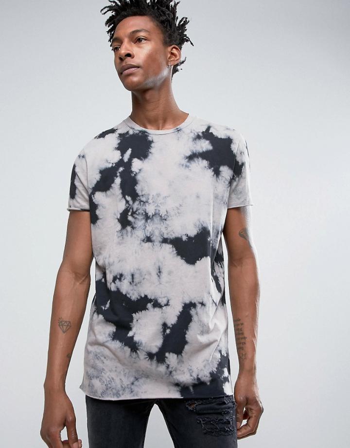 Asos Longline T-shirt With Bleach Wash And Raw Edge - Black