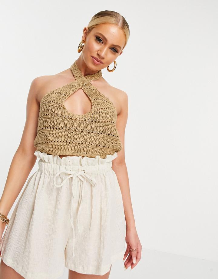 Asos Design Crochet Twist Front Halter Neck Top In Stone - Part Of A Set-neutral