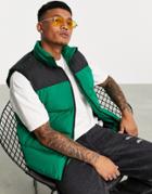 Asos Design Puffer Vest With Contrast Panel And Packable Hood In Green