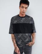 Asos Design Oversized T-shirt With Half Sleeve And Patterned Panels - Black