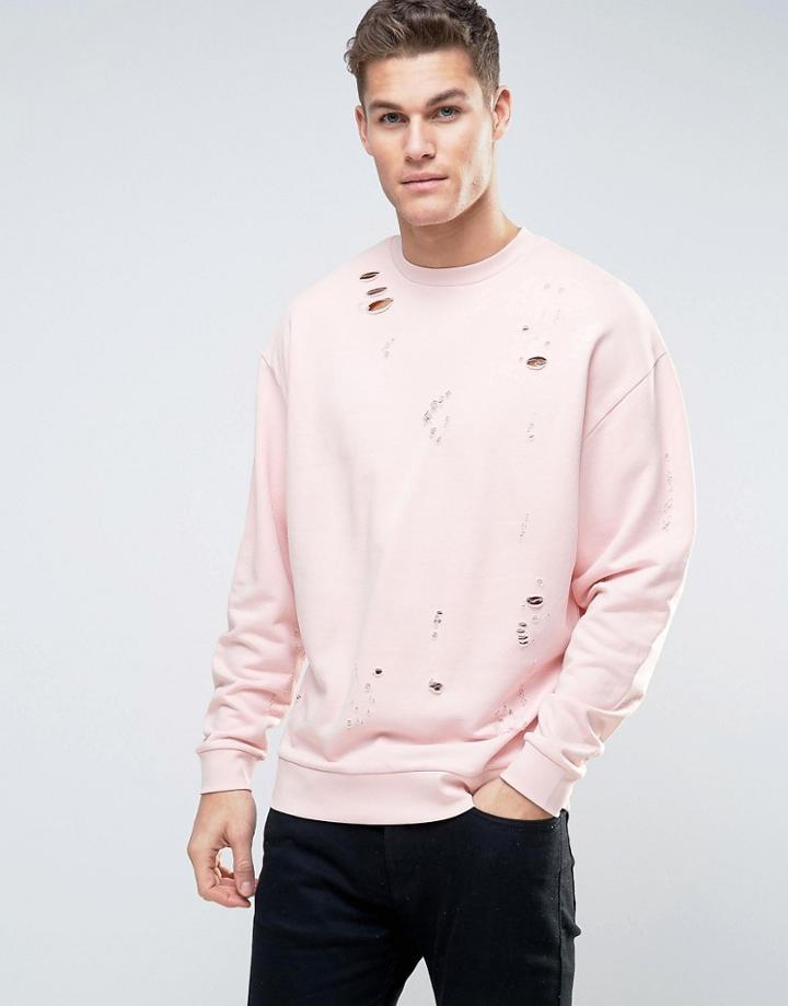 Asos Oversized Distressed Sweatshirt In Pink - Pink
