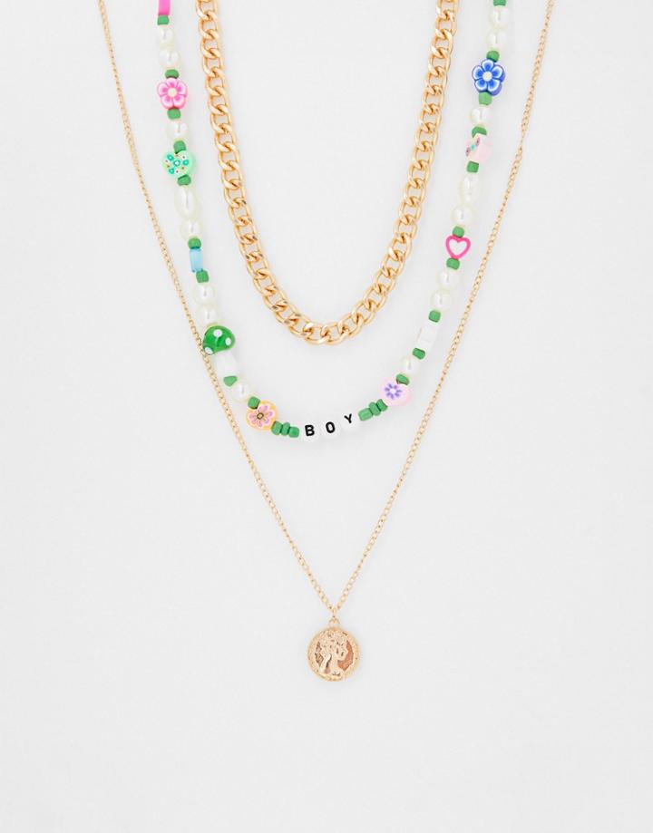 Madein Three Pack Necklaces With Beaded And Gold Chains