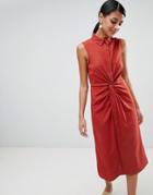 Warehouse Linen Twist Front Dress - Orange