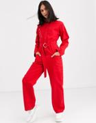 Asos Design Denim Boiler Suit With Zips In Red