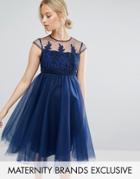 Chi Chi London Maternity Embroidered Prom Dress With Button Detail And Cap Sleeve - Navy