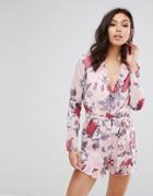 Prettylittlething Floral Print Wrap Front Romper - Pink