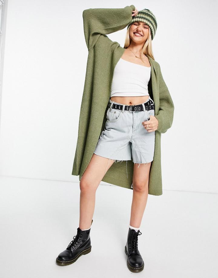 Miss Selfridge Balloon Sleeve Maxi Cardigan In Khaki-green