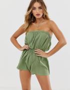 Asos Design Bandeau Tie Back Beach Romper In Khaki-green