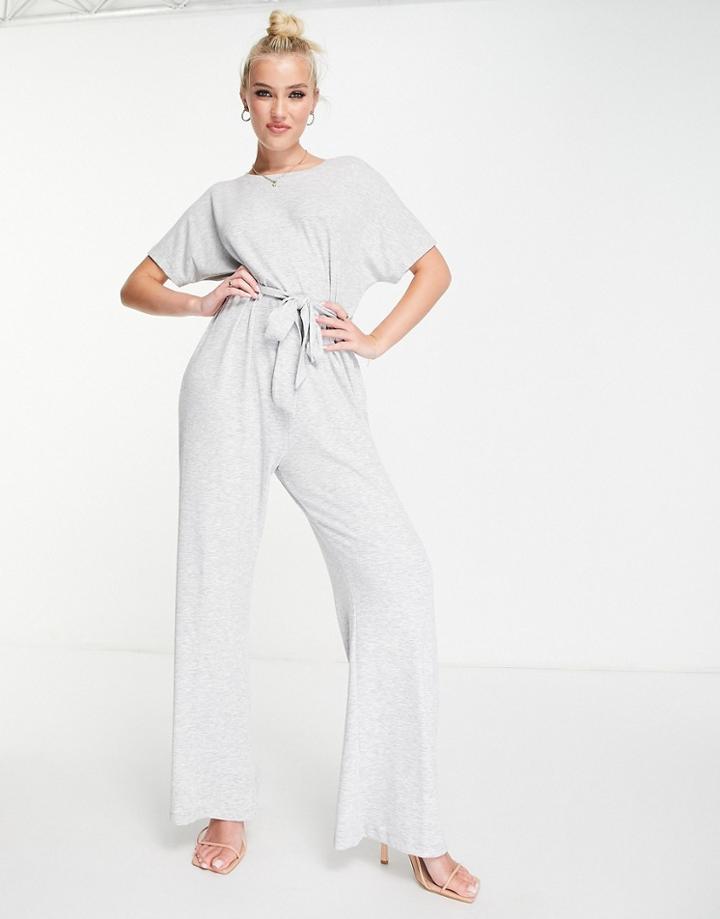 Style Cheat Tie Waist Wide Leg Jumpsuit In Light Gray-black
