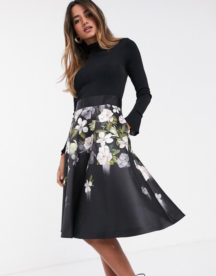 Ted Baker Nerida Opal Printed Full Skirt Skater Midi Dress-black