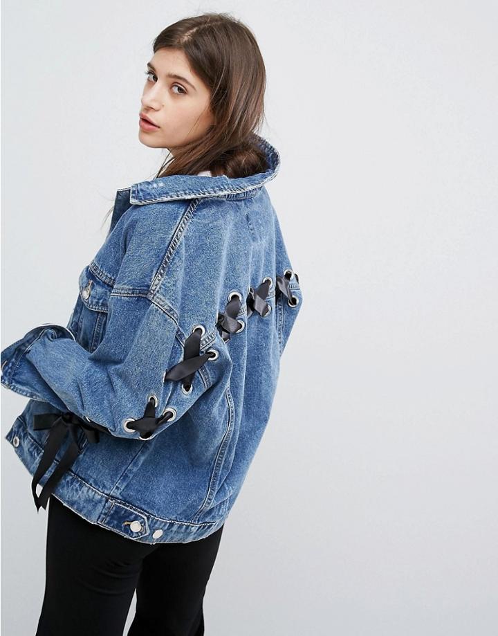 Bershka Ribbon Sleeve Detail Denim Jacket - Blue