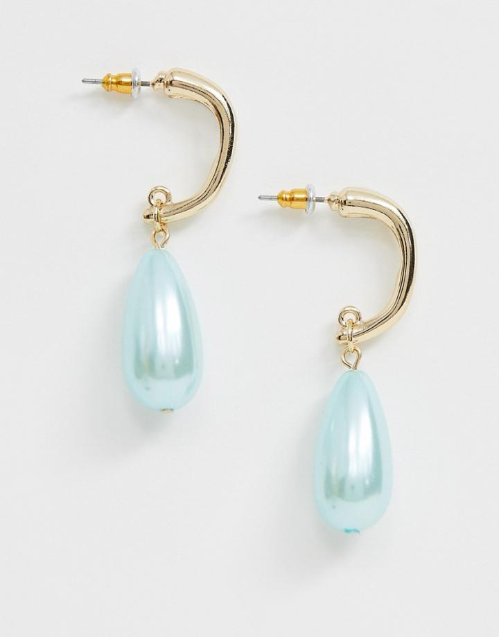 Asos Design Earrings With Baby Blue Pearl Drop In Gold Tone