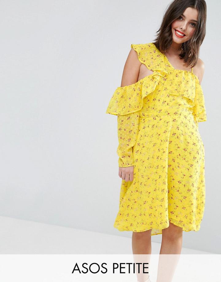 Asos Petite Cold Shoulder Ruffle Tea Dress In Dobby Ditsy Print - Yellow