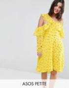 Asos Petite Cold Shoulder Ruffle Tea Dress In Dobby Ditsy Print - Yellow