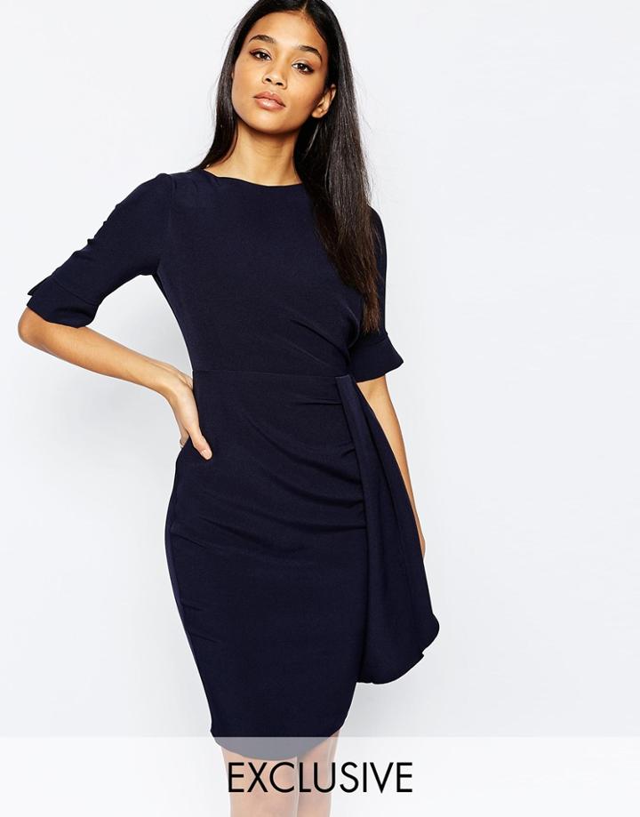 Vesper Midi Pencil Dress With Pleats At Waist - Navy