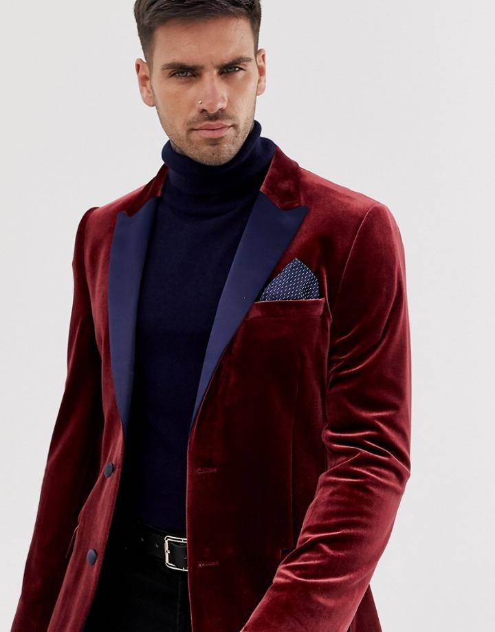 Asos Design Skinny Tuxedo Blazer In Red Velvet