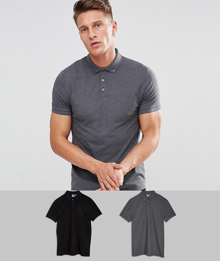 Asos Design Pique Polo With Button Down Collar 2 Pack Save - Multi