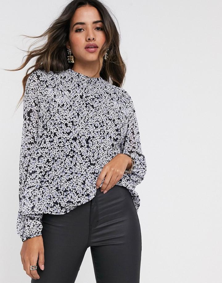 Vila Plisse Blouse In Blue Ditsy Floral-navy