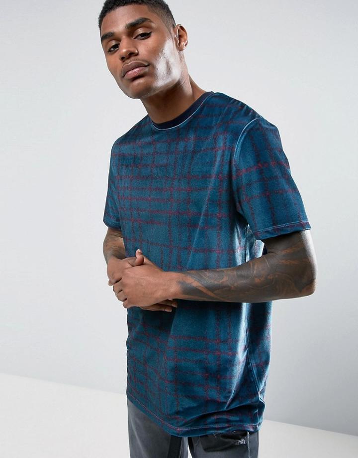 Asos Longline T-shirt In Velour With Grid Check Print - Blue