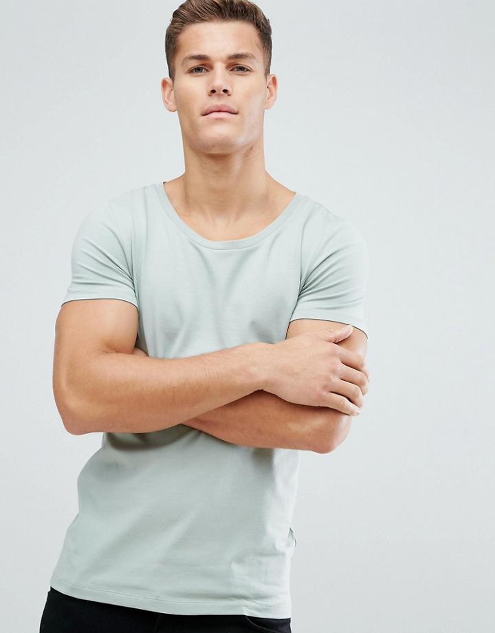 Asos Design Muscle Fit T-shirt With Scoop Neck In Green - Green
