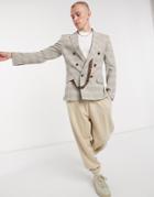 Asos Design Skinny Double Breasted Suit Jacket With Tort Chain In Beige Prince Of Wales Check-neutral