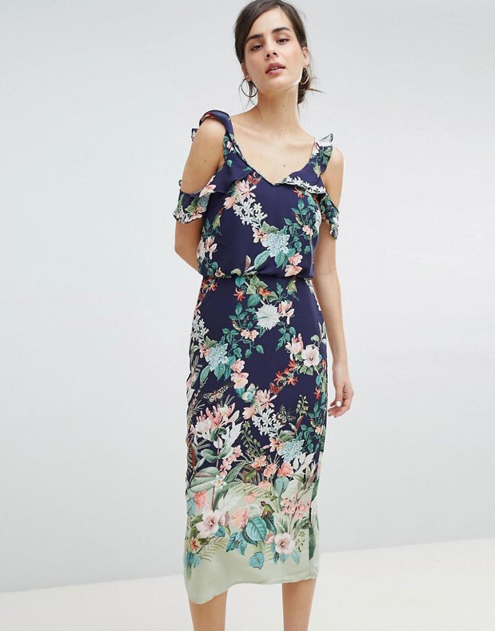Oasis Fitzwilliam Cold Shoulder Floral Print Midi Dress - Multi