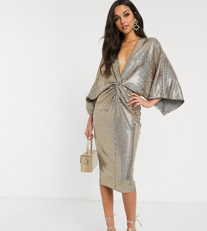 Flounce London Tall Wrap Front Midi Dress In Gold Sequin