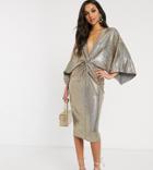 Flounce London Tall Wrap Front Midi Dress In Gold Sequin