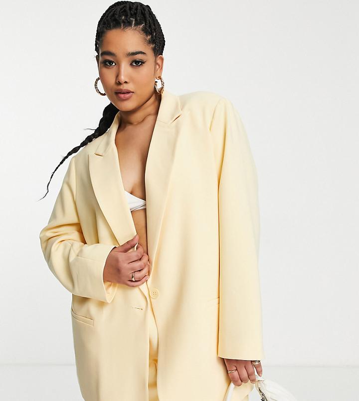 Asos Edition Curve Oversized Longline Blazer In Buttermilk-yellow