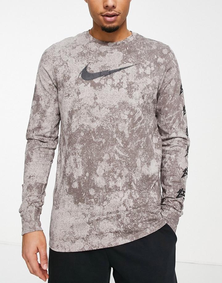 Nike Training Dri-fit Story Pack Acid Wash Print Long Sleeve Top In Gray