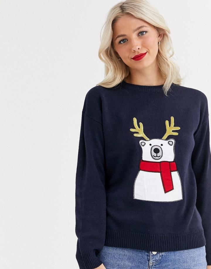 Brave Soul Polar Bear Christmas Sweater With Sequin Antlers