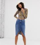 River Island Knee Length Denim Skirt In Mid Wash - Blue