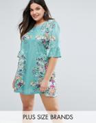 Yumi Plus Swing Dress In Border Print With Frill Sleeves - Green