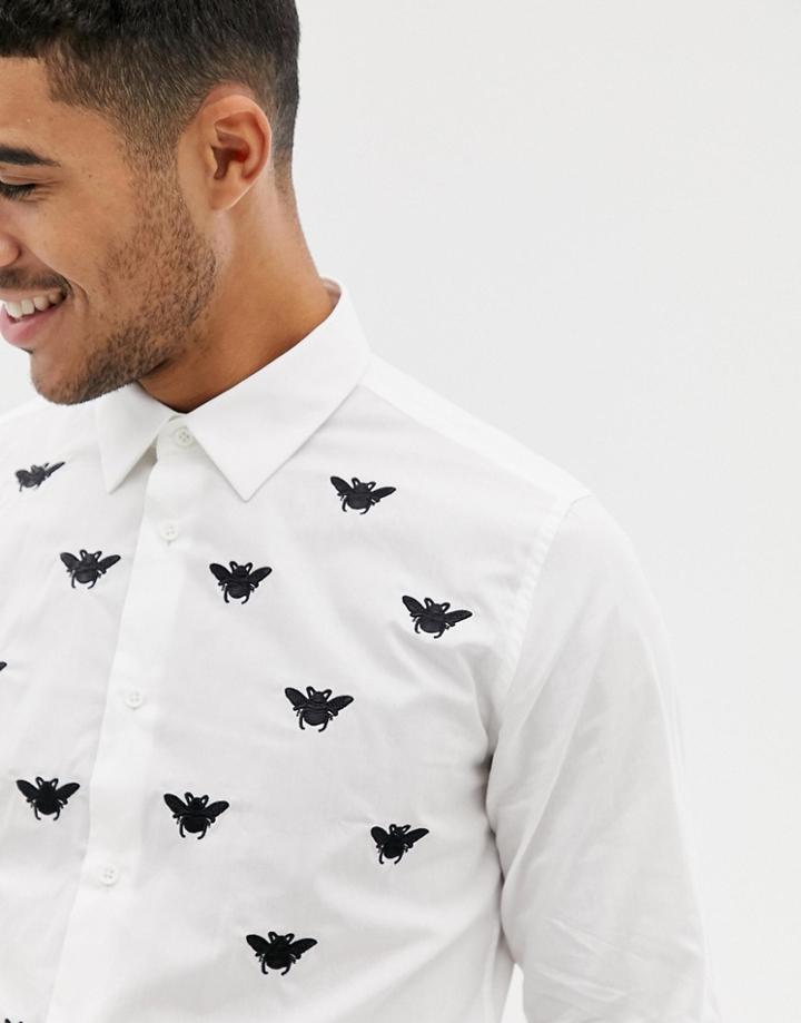 Devils Advocate All Over Embroidered Bee Slim Fit Shirt - White