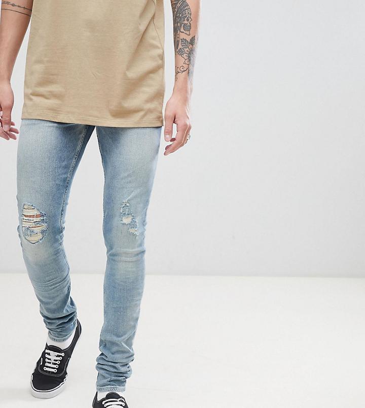 Asos Design Tall Super Skinny Jeans In Mid Wash Blue With Rips - Blue