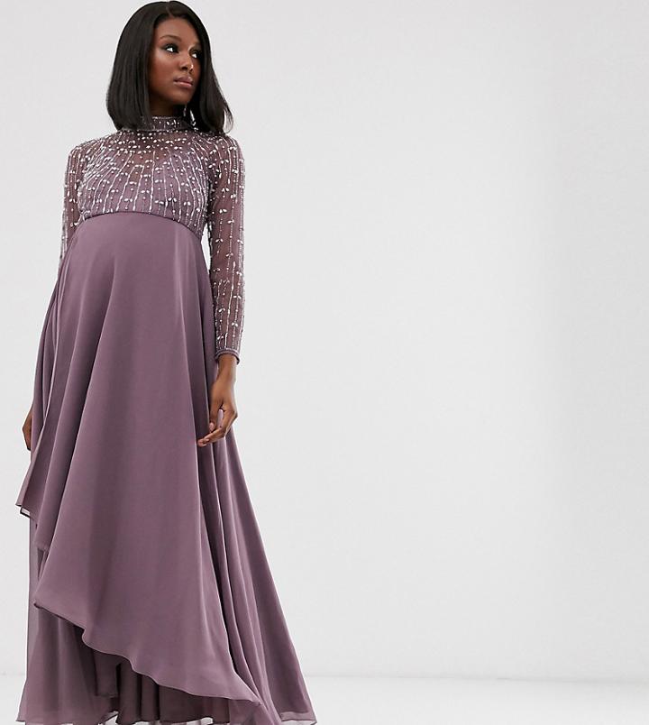 Asos Design Maternity Midi Dress With Linear Embellished Bodice And Wrap Skirt-multi