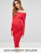 Asos Maternity Bardot Dress With Long Sleeve - Red