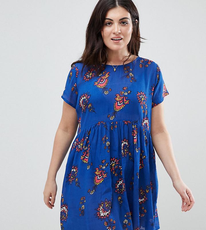 Brave Soul Plus Floral Print Smock Dress - Blue