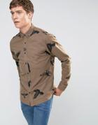 Only & Sons Brushed Cotton Shirt With All Over Bird Print - Tan