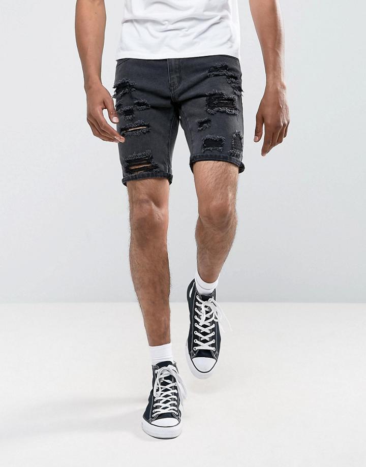 Liquor & Poker Open Rips Super Skinny Denim Short Washed Black - Black
